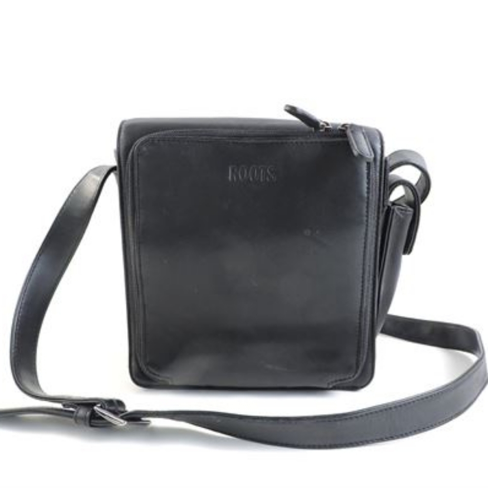Roots Leather Crossbody Bag Black Square Silver Hardware Everyday